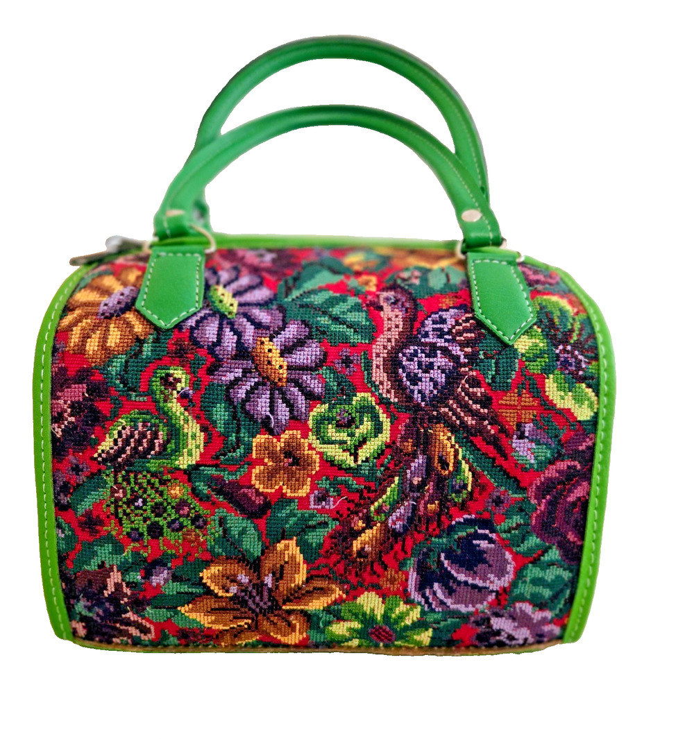 Handmade South American tapestry with floral and bird motif boho handbag purse